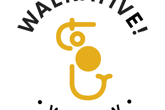 Logotipo pixelado de la marca Walkative Tours con un icono estilizado de persona en naranja y gris sobre fondo blanco.
