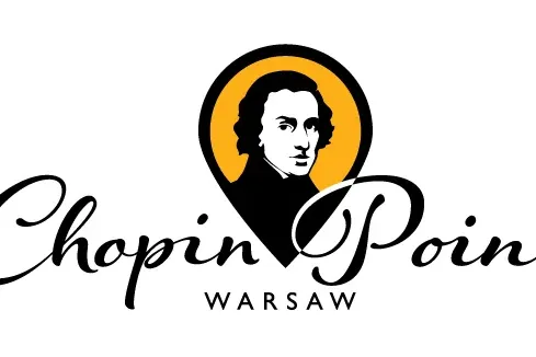 Logo Chopin Point Warszawa przedstawiające czarną sylwetkę głowy Fryderyka Chopina w pomarańczowo-czarnej ikonie pinezki m...