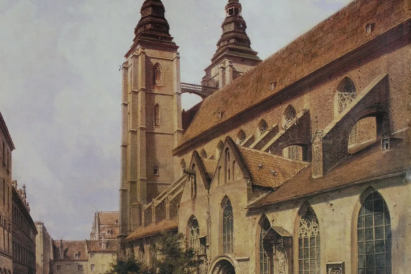 Historyczny obraz Kolegiaty św. Marii Magdaleny we Wrocławiu, z dwoma wieżami, łączącym mostkiem i sceną uliczną z ludźmi.
