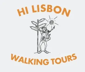 Logo for Hi Lisbon Walking Tours: A cartoon traveler points towards the sun, symbolizing guided walking tours in Lisbon.
