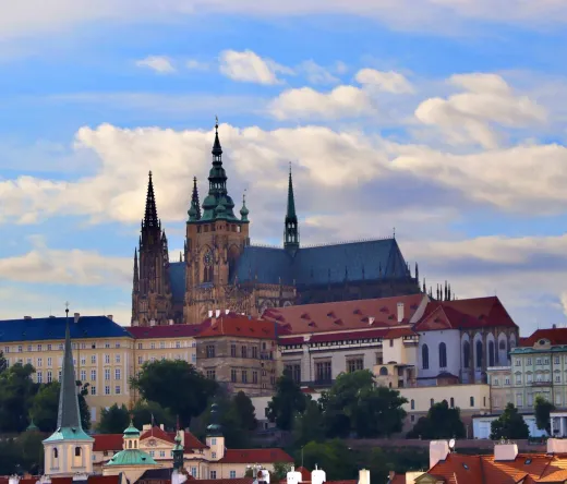 Panoramic view of Prague Castle and St. Vitus Cathedral.