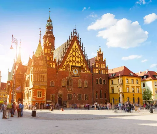 Bustling Wrocław Old Town Hall square.