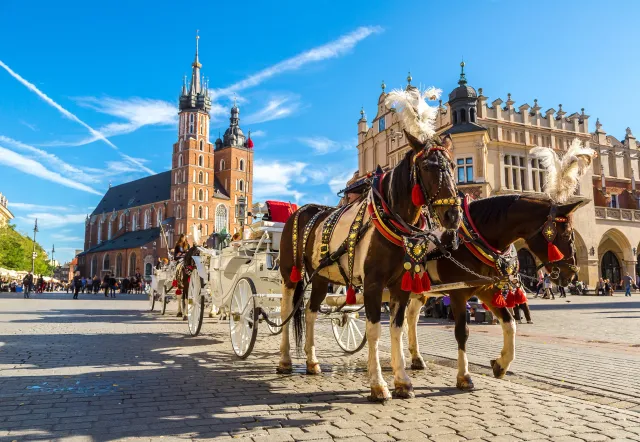 Carruajes tirados por caballos en la Plaza Mayor de Cracovia con la Basílica de Santa María al fondo.