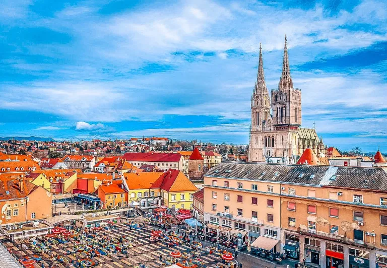 Stunning view of Zagreb Cathedral and the city square in Zagreb, Croatia.