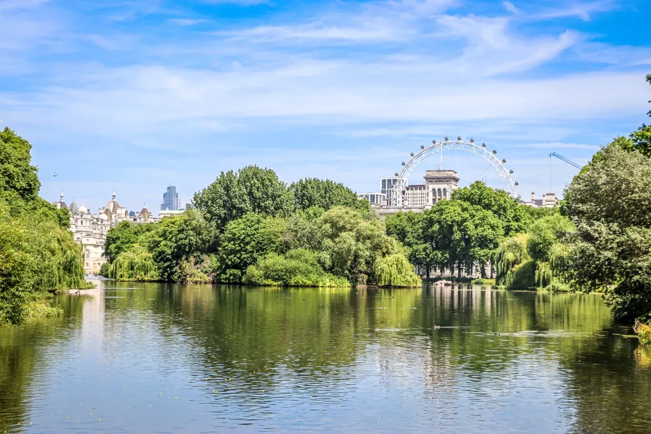 A wide park lake with green trees on its banks. The London Eye and buildings of the city skyline are visible under a blue sky