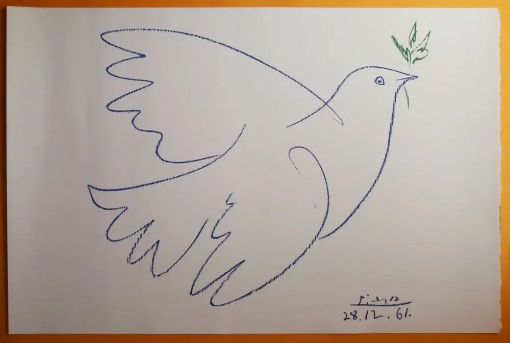 Picasso's 'Dove of Peace' drawing, featuring a blue dove holding an olive branch against a white background.