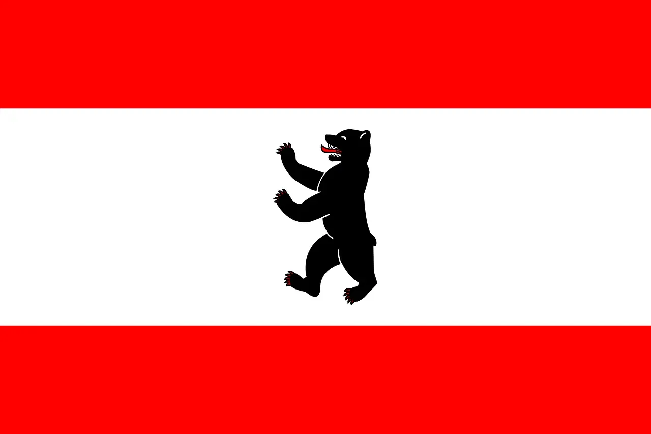 Bandera de Berlín con el oso negro de Berlín (Bär) sobre una franja horizontal blanca entre dos franjas rojas.