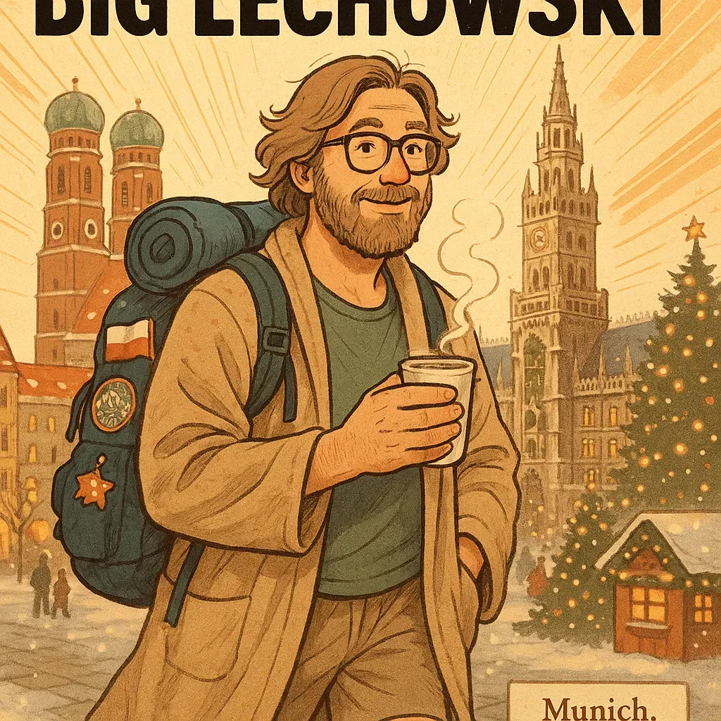 Illustration eines lächelnden Reisenden mit Rucksack und Becher, vor verschneiter Münchener Kulisse mit Frauenkirche, Neuem R