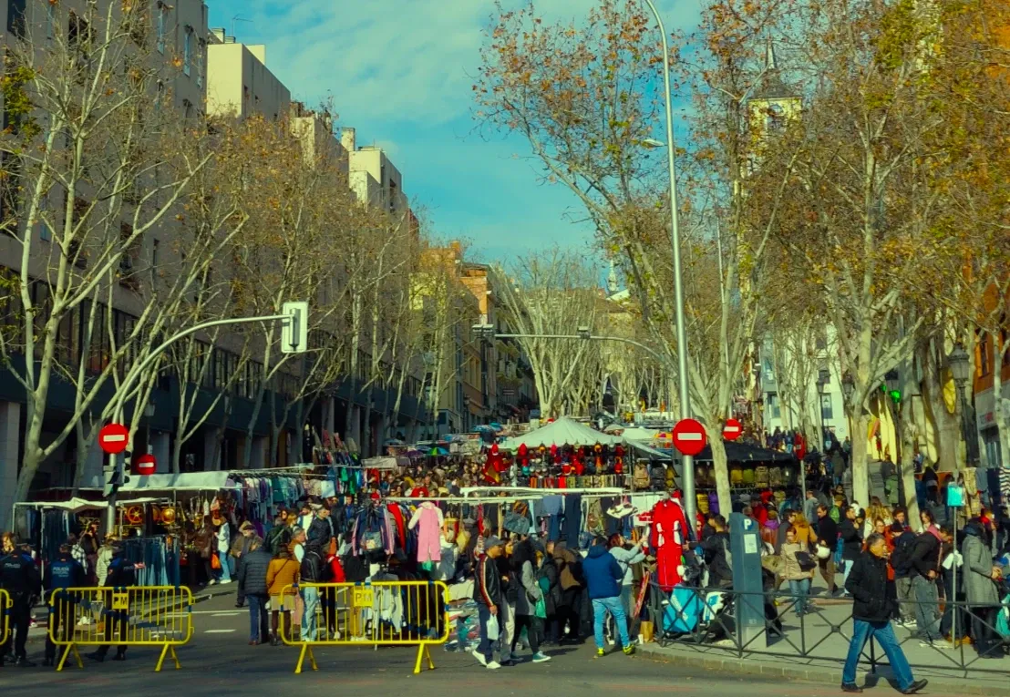 A busy street market with many people browsing stalls under trees with sparse autumn leaves, Madrid.