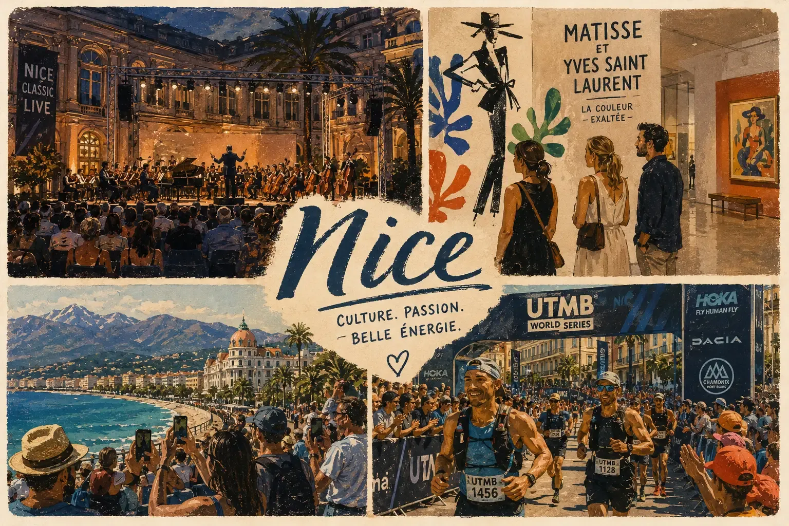 Ilustracja w stylu kolażu przedstawiająca Niceę, ukazująca koncert muzyki klasycznej, muzeum sztuki i maraton na wybrzeżu.