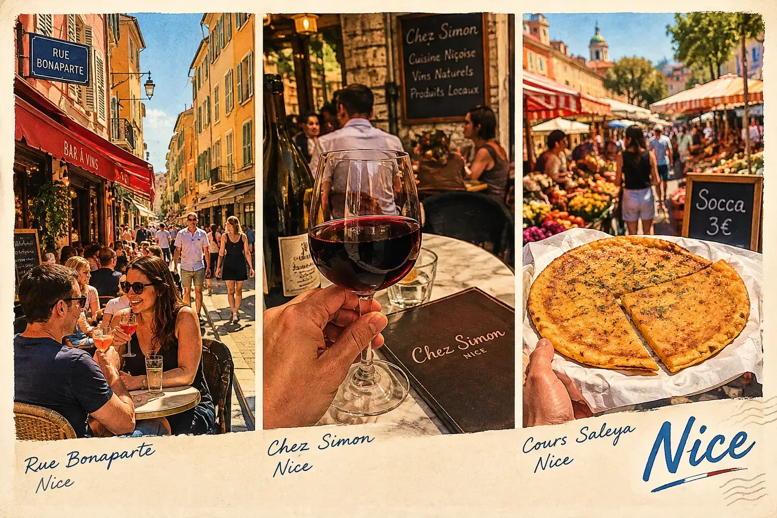 A postcard-style collage of three scenes from Nice: a busy street, a glass of red wine, and socca flatbread at a market.