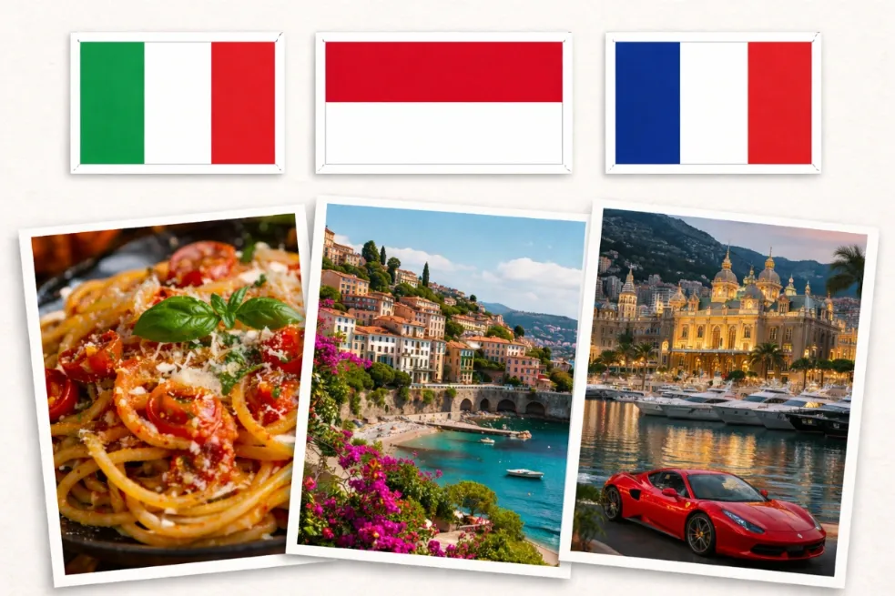 Collage de banderas de Italia, Mónaco y Francia sobre fotos de pasta, pueblo costero y el casino de Montecarlo.