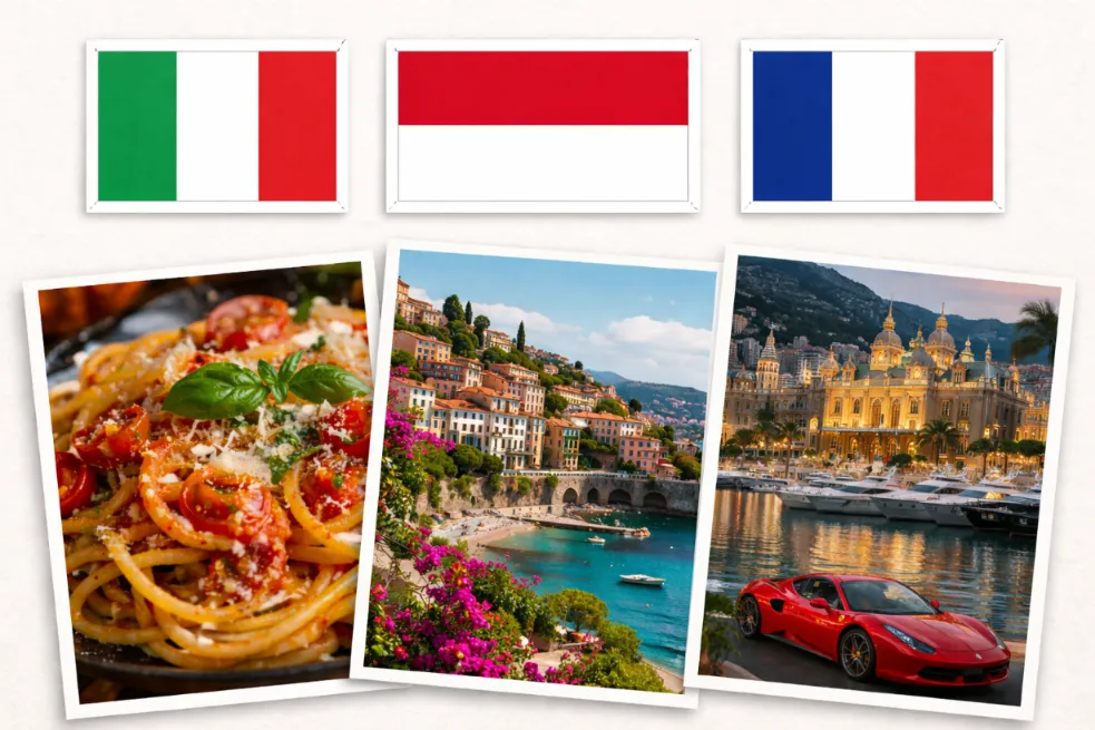Collage aus Flaggen von Italien, Monaco und Frankreich über Fotos von Pasta, Küstenstadt und Monte Carlo Casino.
