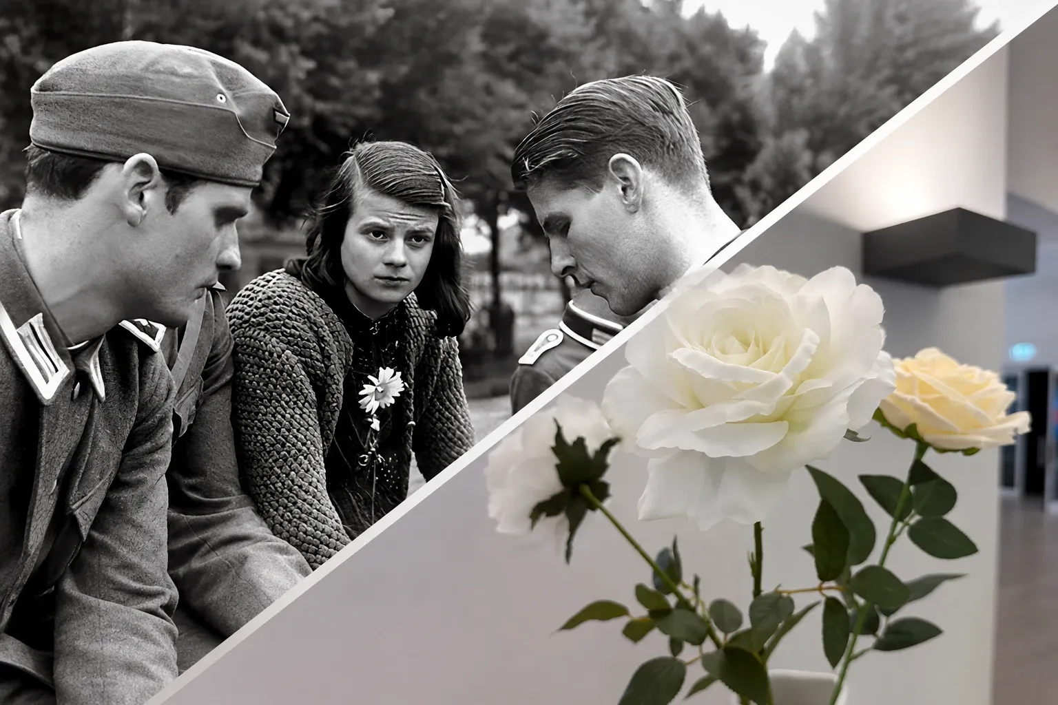 Podzielone zdjęcie: czarno-białe zdjęcie Hansa i Sophie Scholl oraz Christopha Probsta i kolorowe zdjęcie białych róż.
