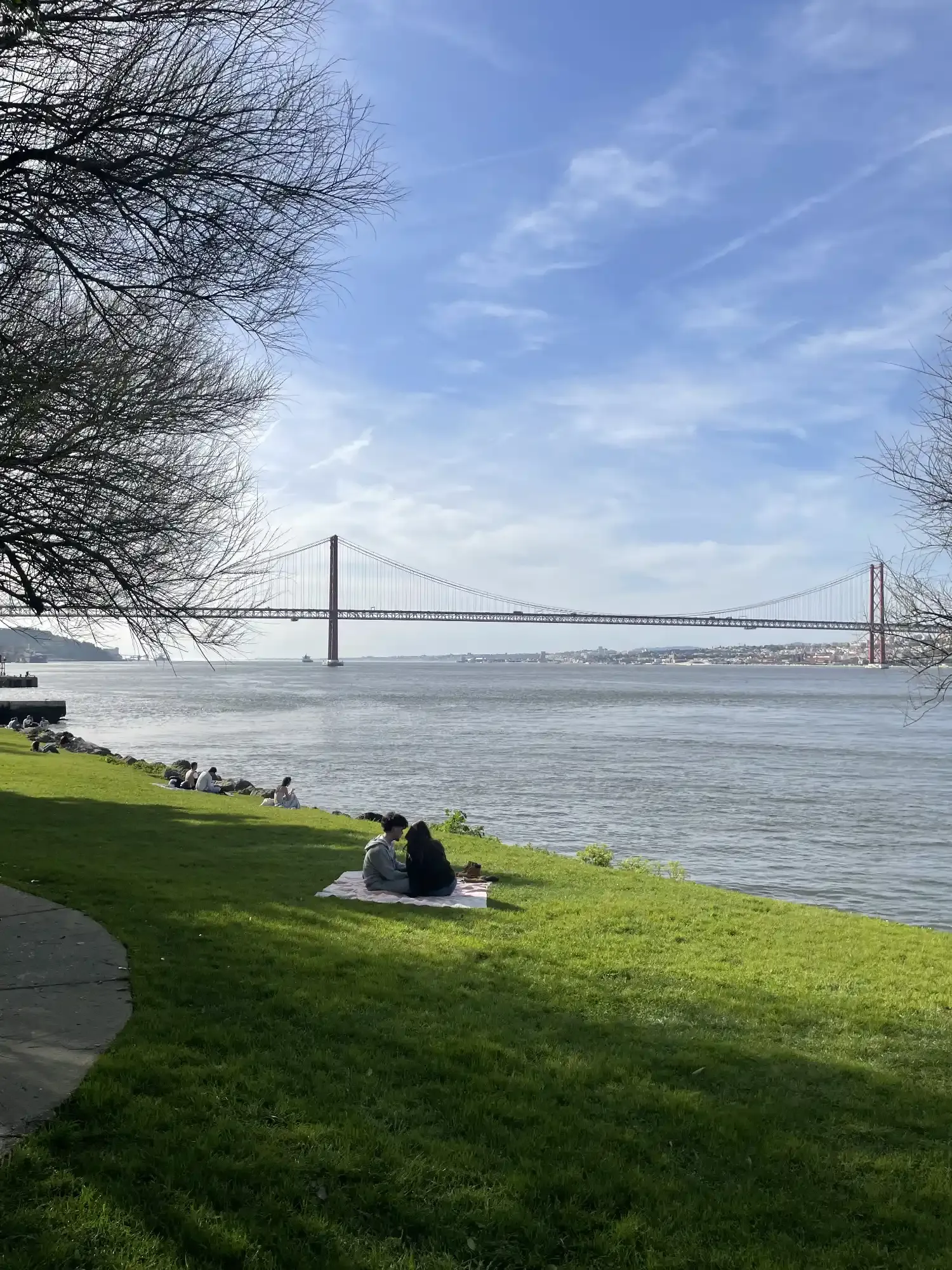 Ponte 25 de Abril bridge spans the Tagus River. People relax on a grassy riverbank, framed by bare trees under a blue sky.