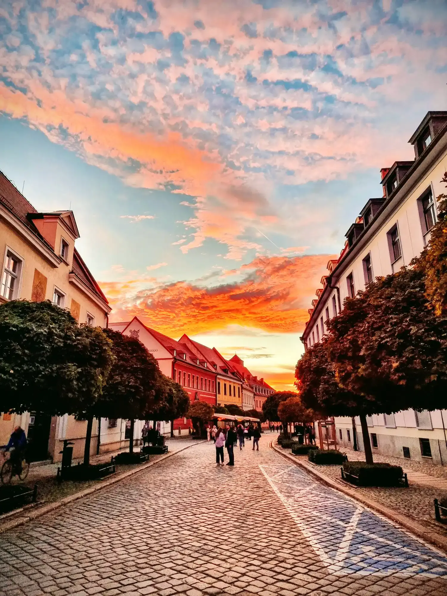 Cobblestone street with lined trees and historical buildings at sunset in Ostrów Tumski, Wrocław. People are walking.