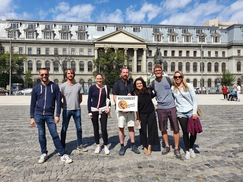 Happy tourists on a Bucharest Walkabout Free Tour.