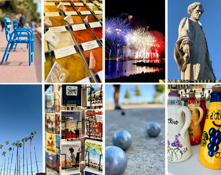 Collage que muestra Cannes: sillas azules, especias, fuegos artificiales, una estatua, postales y petanca.