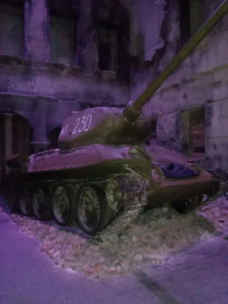 A T-34 tank displayed in a recreated war-torn setting in Gdansk.