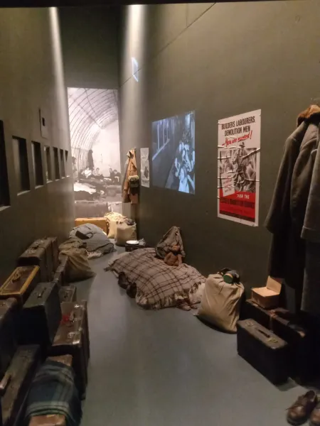 Immersive museum exhibit in Gdansk recreating a wartime shelter.