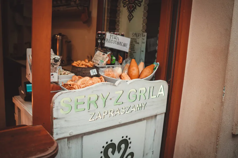 Grilled cheese and regional beer stand in Krakow.