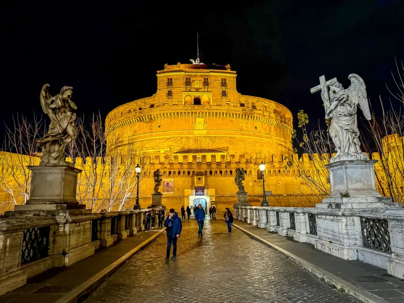 Castel Sant'Angelo in Rome at night, viewed from Ponte Sant'Angelo.