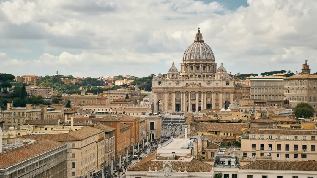 Panoramic view of St. Peter's Basilica in Rome, Italy.