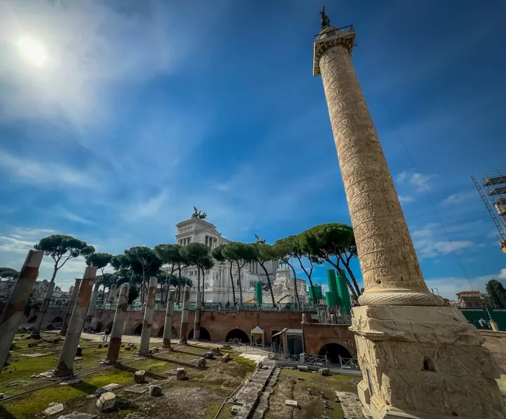 Trajan's Column and the Altare della Patria in Rome, Italy.