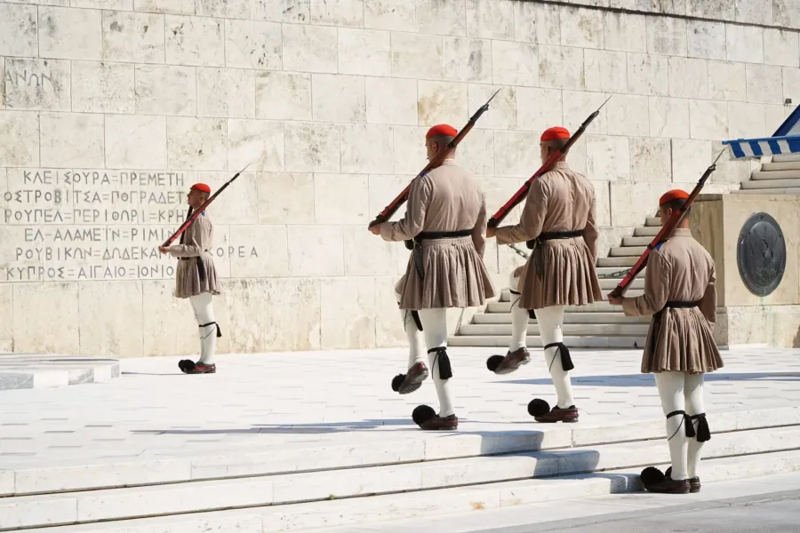 Evzones performing the Changing of the Guard in Athens, Greece.