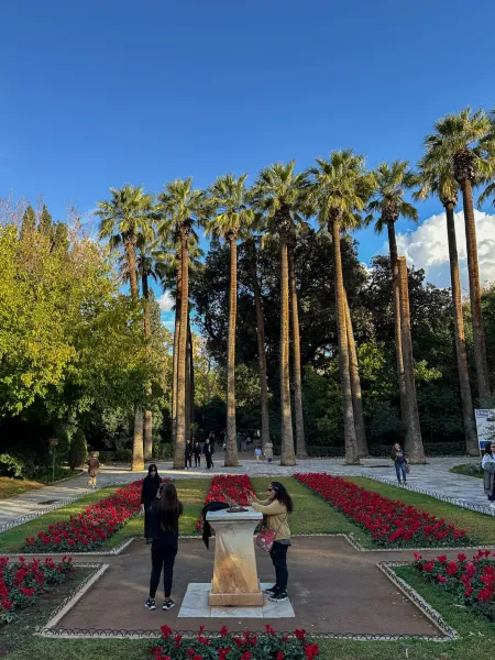 Path in a formal garden with rows of red flowers, tall palm trees, and several people walking under a blue sky.