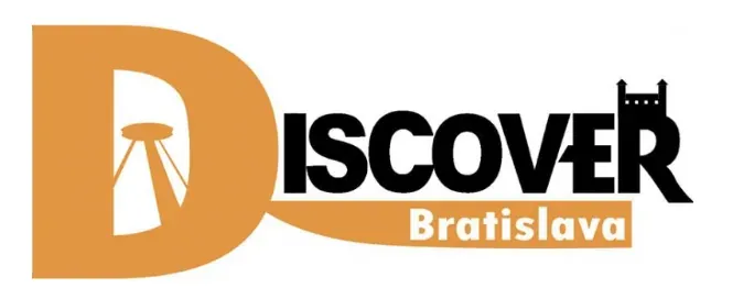 Logotipo 'Discover Bratislava' con siluetas de la Plataforma de Observación UFO y el Castillo de Bratislava en naranja y n...