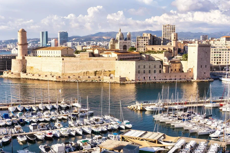 View of Fort Saint-Jean and harbor in Marseille.