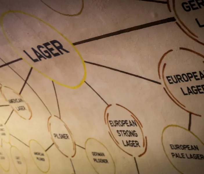Nahaufnahme eines Diagramms, das verschiedene Lagerbiersorten zeigt, einschließlich europäischer und amerikanischer Varian...