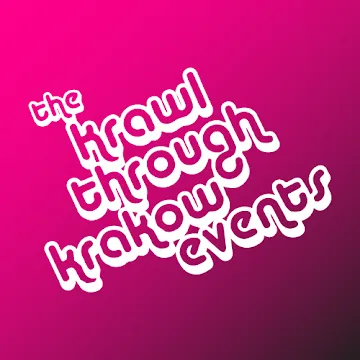Logo „The Krawl Through Krakow Events” z białym napisem na różowym gradiencie tła.