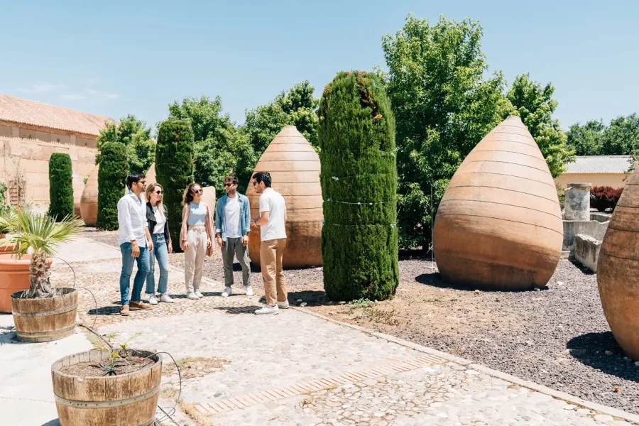 Un guía turístico habla con un pequeño grupo de personas en un patio soleado con grandes tinajas de barro de estilo antiguo.