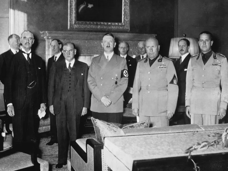 Chamberlain, Daladier, Hitler, Mussolini, and Ciano at the Munich Agreement conference in 1938.