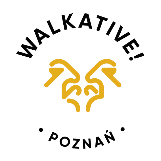 Logo Walkative z żółtym, stylizowanym abstrakcyjnym sercem i czarnym tekstem 'WALKATIVE' u góry, 'POZNAN' u dołu.