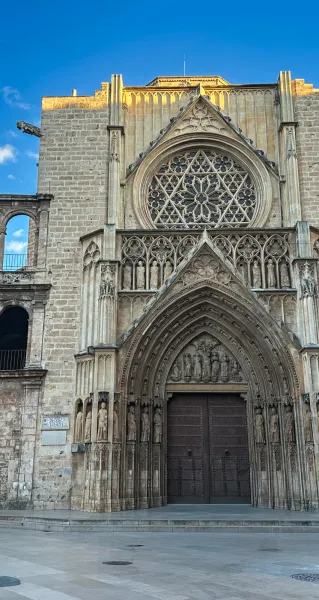 Close-up of Valencia Cathedral's Gothic facade, showing a rose window, detailed carvings, wooden doors, and a gargoyle.