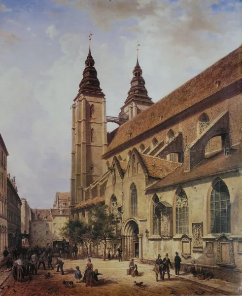 Historyczny obraz Kolegiaty św. Marii Magdaleny we Wrocławiu, z dwoma wieżami, łączącym mostkiem i sceną uliczną z ludźmi.