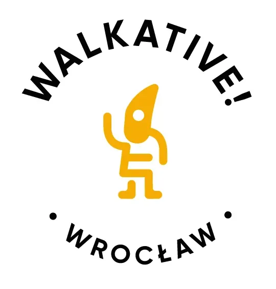 Walkative logo featuring a golden yellow stylized character waving, with 'WALKATIVE!' text above and 'WROCŁAW' below.
