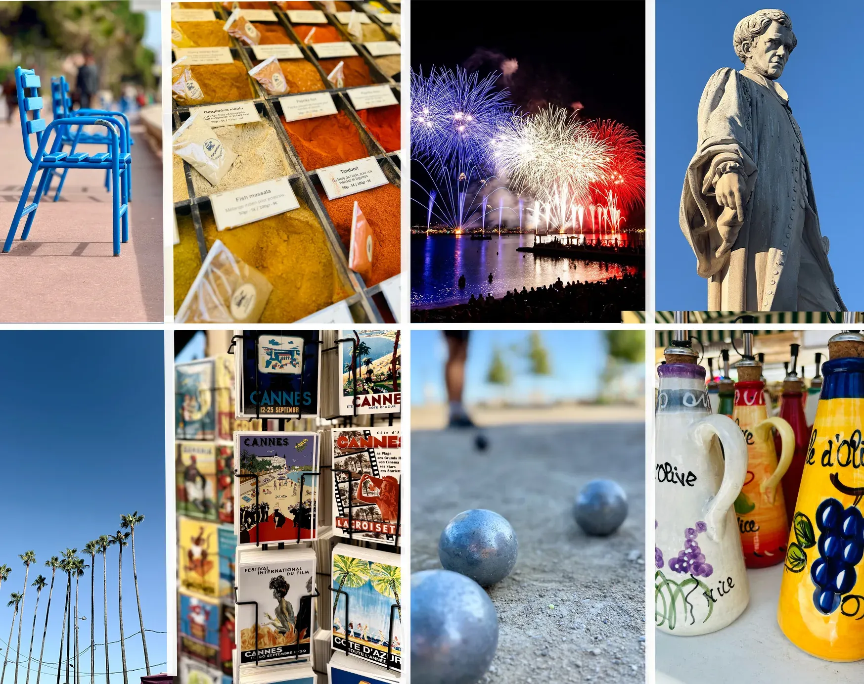 Collage von Cannes-Szenen: blaue Stühle, Gewürze, Feuerwerk, Statue, Palmen, Postkarten, Boule und Olivenölflaschen.