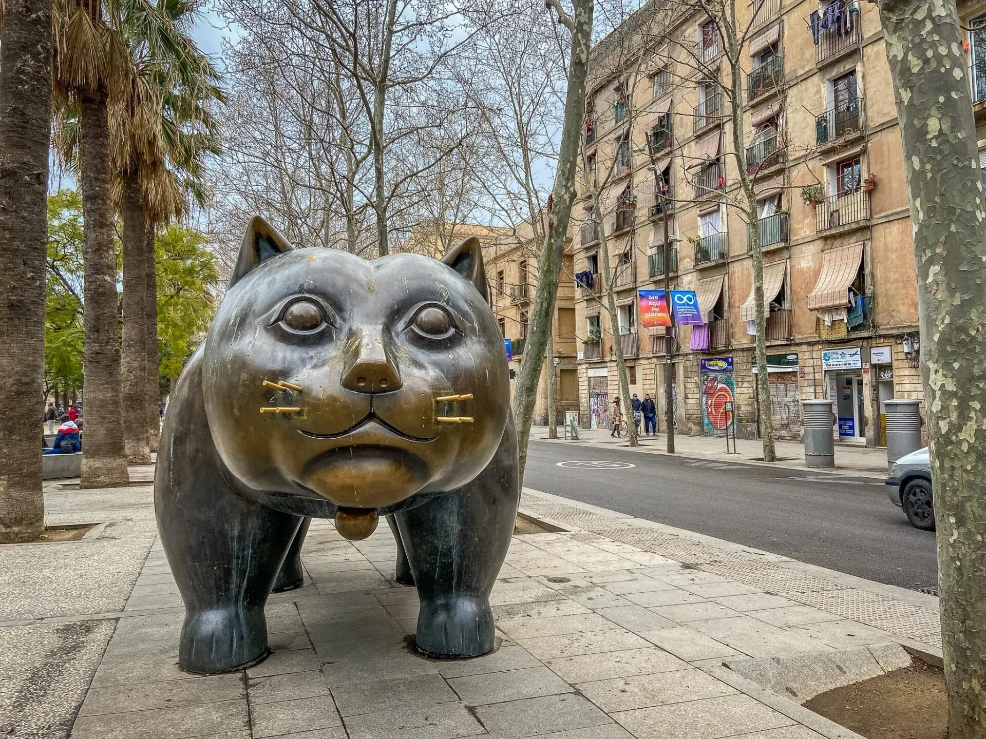 Bronze cat sculpture in El Raval, Barcelona.