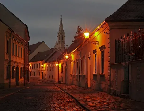 Recorrido misterioso por Bratislava: Una encantadora calle adoquinada de noche.