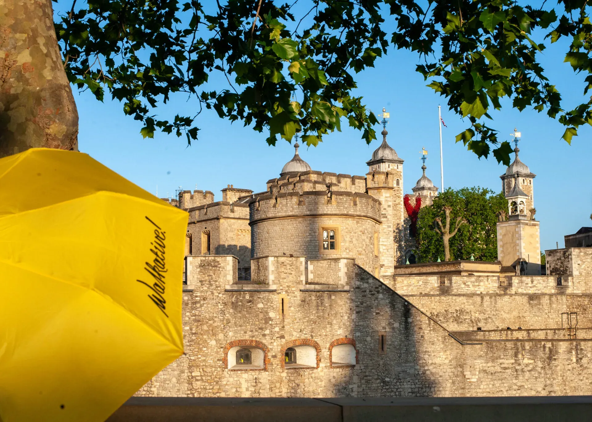 Żółty parasol Walkative przed Tower of London.