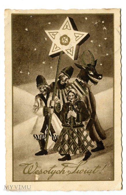 Carolers with a turoń on a Polish postcard from 1937.